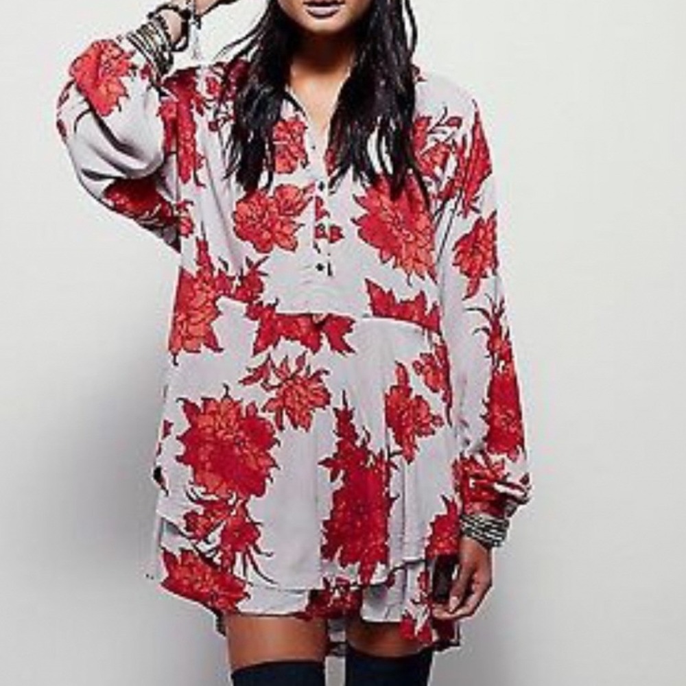 Free People Shake It Tunic Dress Mini Dress Womens S Red Grey Boho Tiered Ruffle
